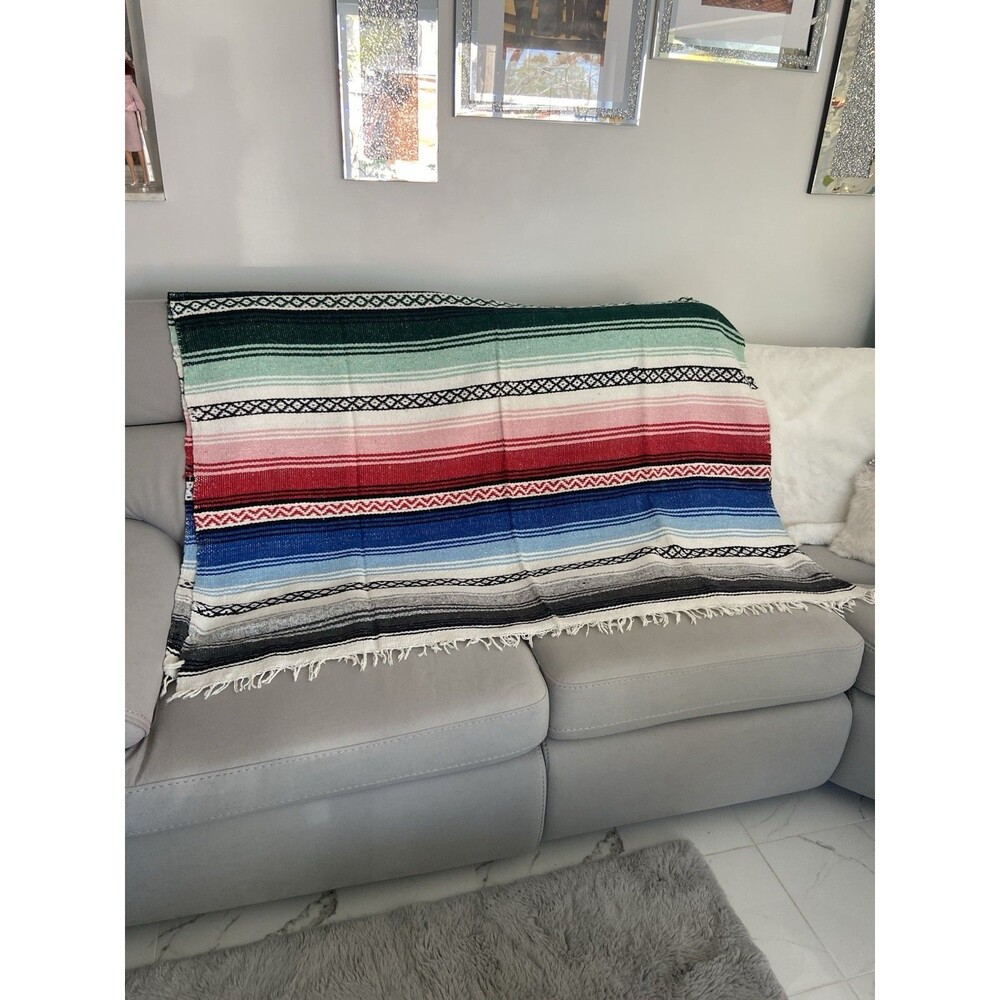 Mexican Serape Falsa Blanket Throw Southwestern Striped Fringe Yoga Boho 78x58